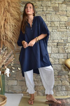 Tasha Cushion Cotton Oversized Shirt Tunic Navy